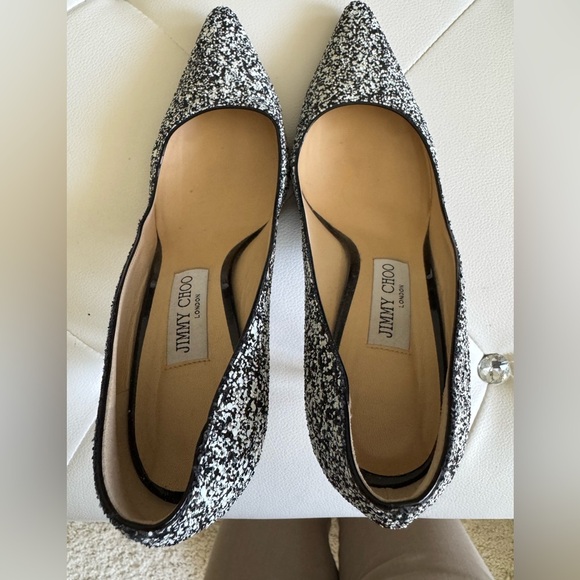 Jimmy Choo ROMY 100 Pointy Toe Pump Heel Shoes Black White Glitter 38.5 - Picture 12 of 17